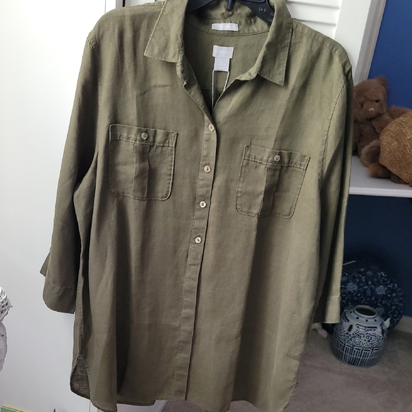 Chico's Olive No Iron Linen Tunic NWT. 3=16/XL. - Picture 6 of 9